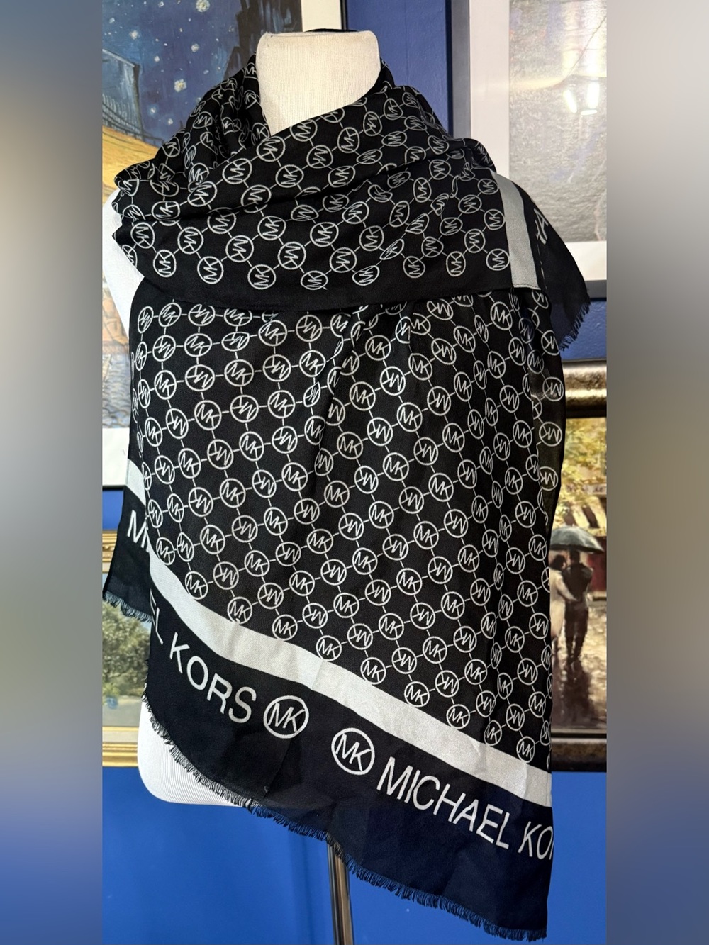 Michael Kors Black & White Logo-Print Long Scarf